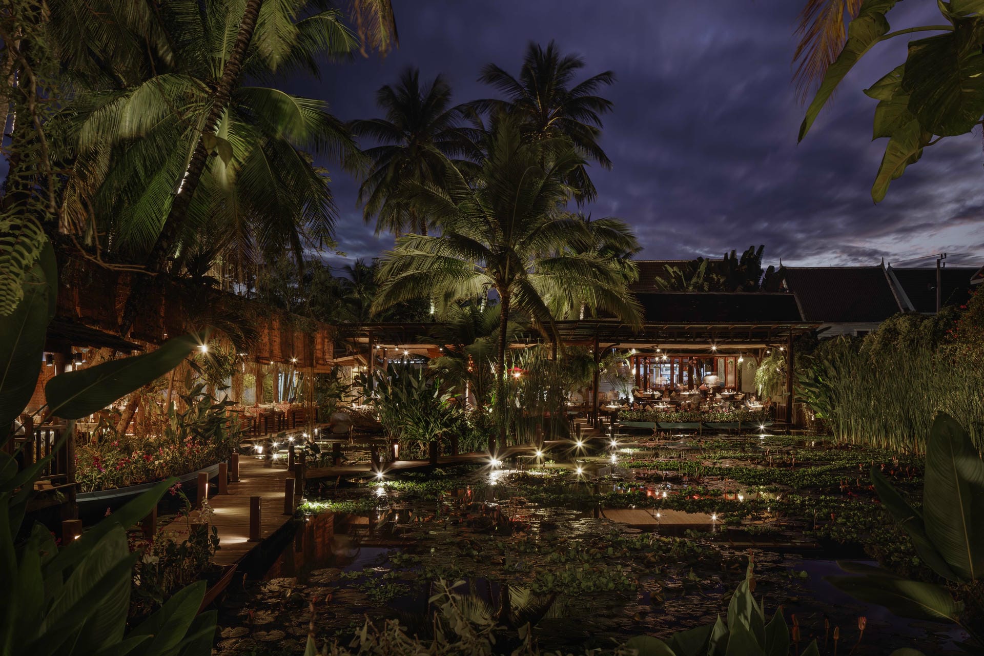 Manda de Laos dining beside the lily pond at dusk